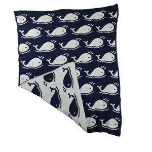 Just Born Whale Navy Blue White Chenille Knit Baby Blanket Reversible Lovey